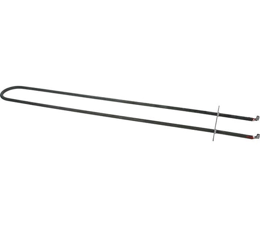 A long black metal replacement oven rack with silver metal support brackets and small red protective tips at the ends, shown on a plain white background.