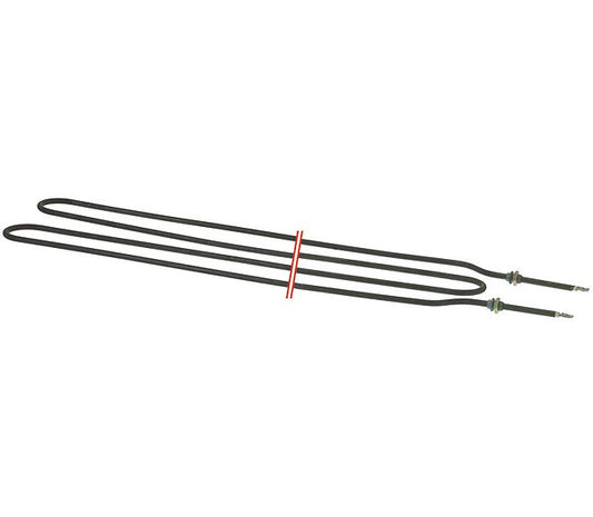 A black replacement water heater heating element coil with metal terminal ends, shown on a plain white background with a red vertical indicator line near the center.