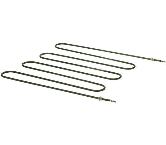 A dark green replacement water heater coil with metal terminals on both ends, shown on a plain white background.