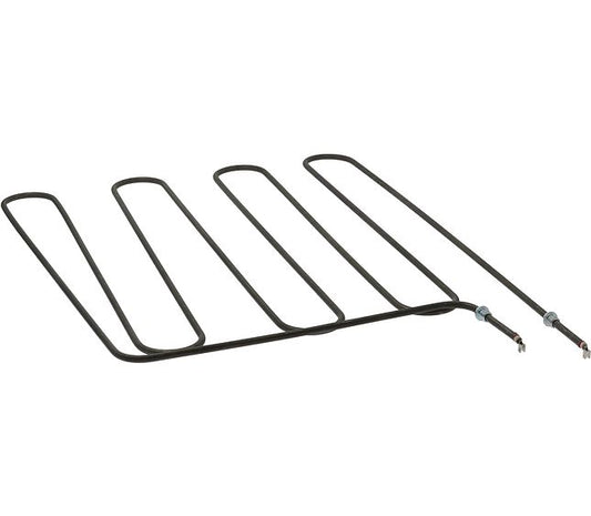 A black metal coil heating element with two silver metal connector ends, shown on a plain white background.