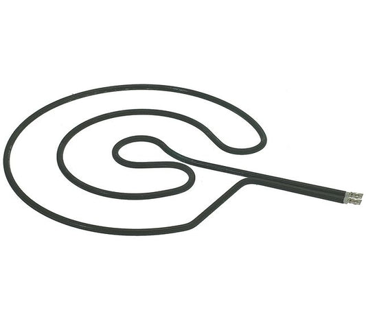 A coiled black replacement appliance heating element tube with two metal connector ends, isolated on a white background.