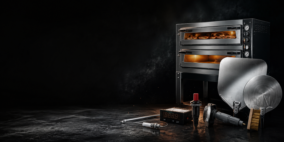 A commercial double-decker pizza oven with two lit burners, shown alongside its stainless steel accessories including a large reflector, a round baking pan, a digital thermometer, and a brush, set against a dark studio background.