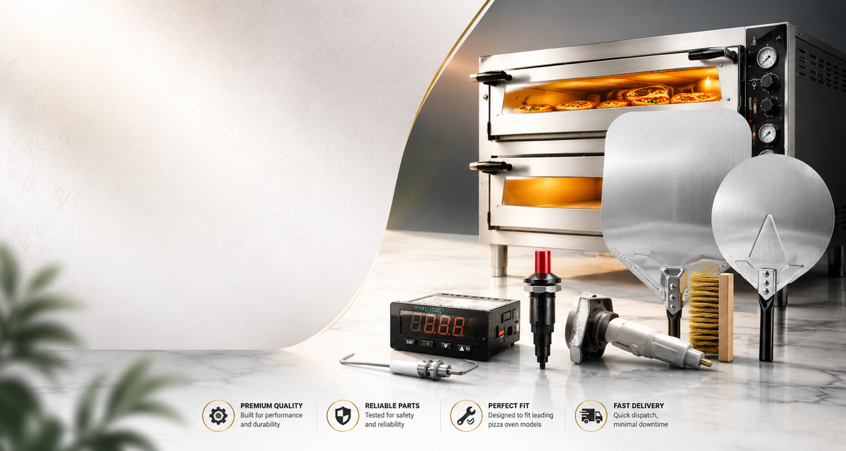 A commercial double-decker pizza oven with stainless steel peelers, a brush, and a digital temperature controller arranged on a marble countertop. The oven is shown with glowing orange interior lights, and feature icons with text are displayed along the bottom.