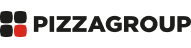 Pizzagroup logo featuring a black square divided into two red halves, with the word 'PIZZAGROUP' in black uppercase letters.