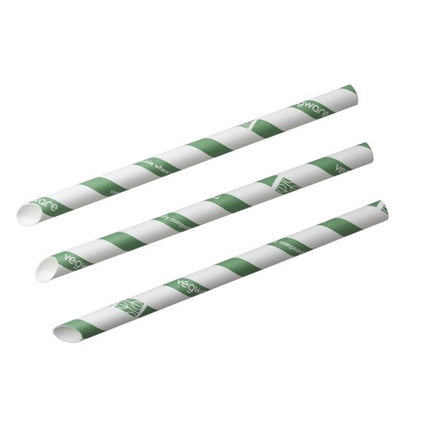 Vegware Bubble tea green stripe 12mm paper straw, 9in / 230mm