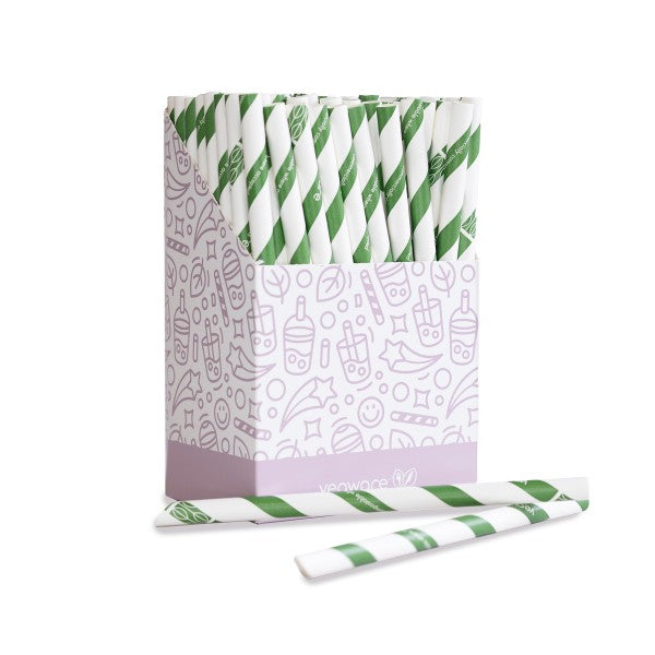 Vegware Bubble tea green stripe 12mm paper straw, 9in / 230mm