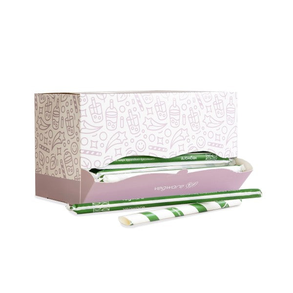 Vegware Bubble tea green stripe 12mm paper straw, wrapped, 9in / 230mm