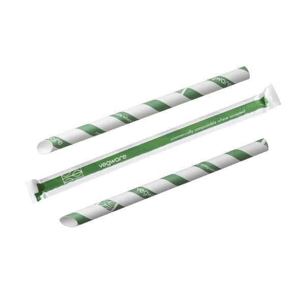 Vegware Bubble tea green stripe 12mm paper straw, wrapped, 9in / 230mm