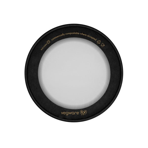 Vegware Round black paper lid, cellophane window, 150-Series