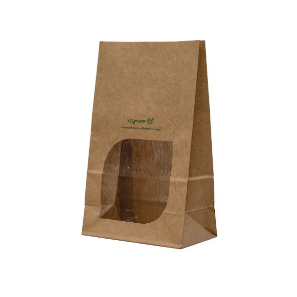 Vegware 6 x 3 x 9in kraft NatureFlex window bloomer bag