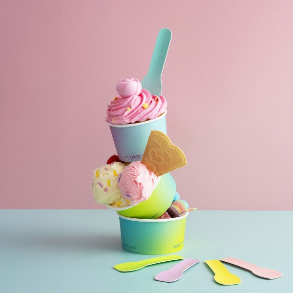 Vegware 3.5in / 90mm tutti frutti paper ice cream spoon, wrapped