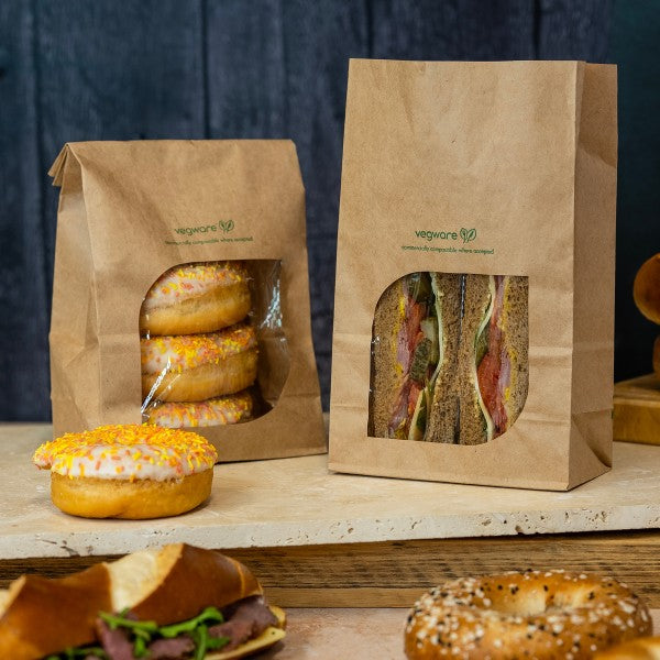 Vegware 6 x 3 x 9in kraft NatureFlex window bloomer bag