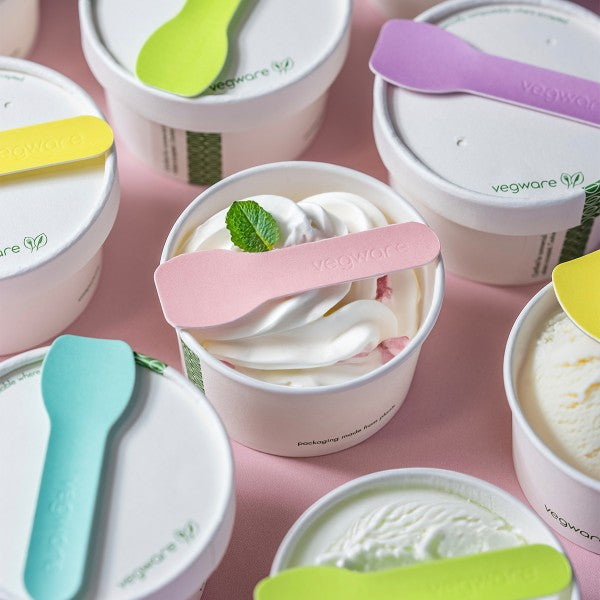Vegware 3.5in / 90mm tutti frutti compostable paper ice cream spoon